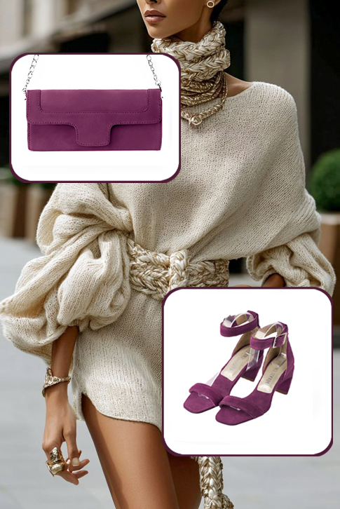 Dress sandals ankle strap in mulberry purple leather with medium comma heels and square toe - Top view